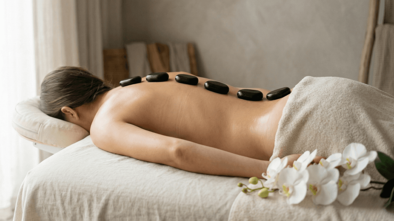 Client lying face down on a treatment bed with warm stones along the spine